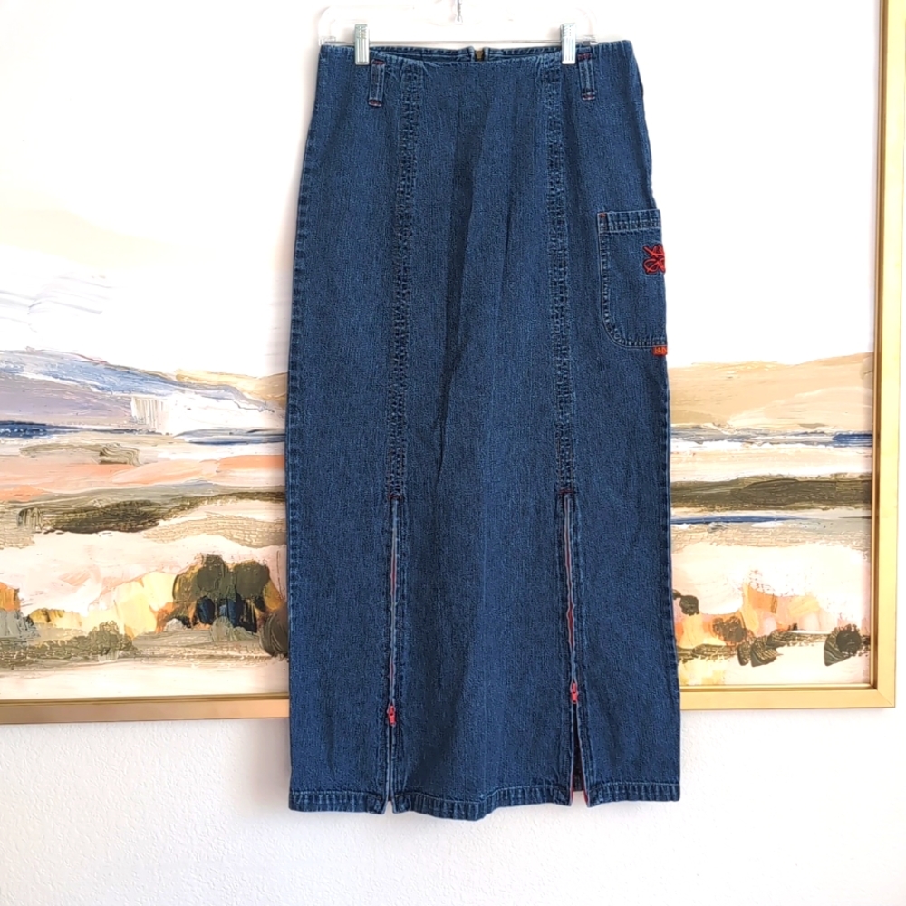 vintage Kik Girl raver skirt / 90s denim maxi skirt / 1990s rave gear
